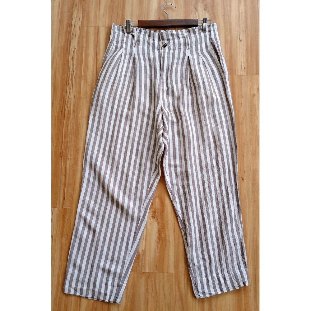 Madewell Tan White Striped Pleated Tapered Cropped Pants High Rise Sz 10 Coastal